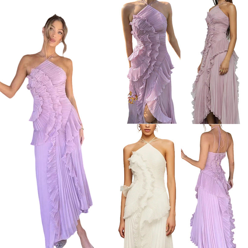 Kvinnor Elegant Wrap Klänning med Flödande Plisserad Kjol och Asymmetriska Volangdetaljer-Eva Jonsson