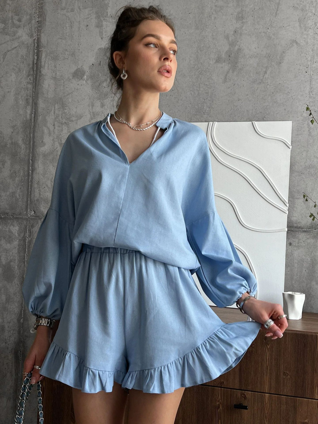 Kvinnor Elegant och Avslappnad Kort ärm Set med Volang Detaljer Mirla-Eva Jonsson