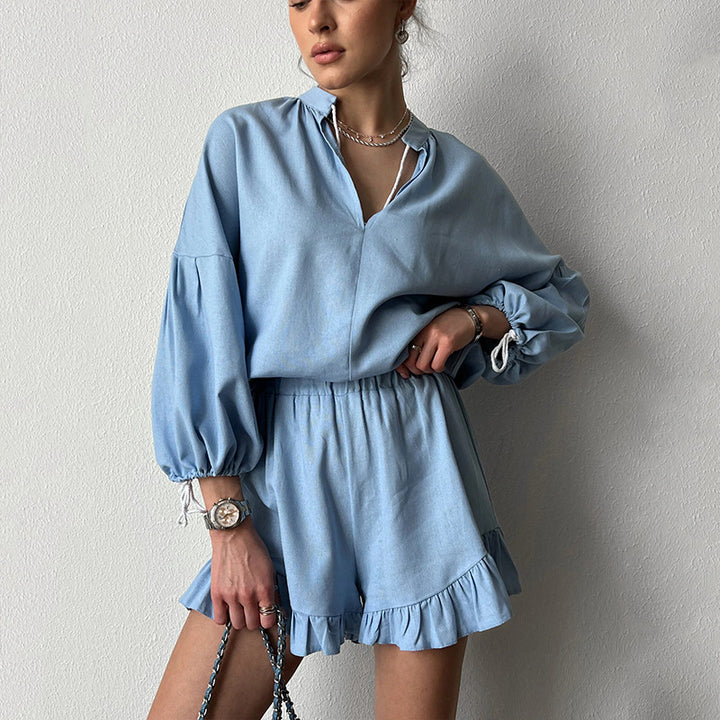 Kvinnor Elegant och Avslappnad Kort ärm Set med Volang Detaljer Mirla-Eva Jonsson