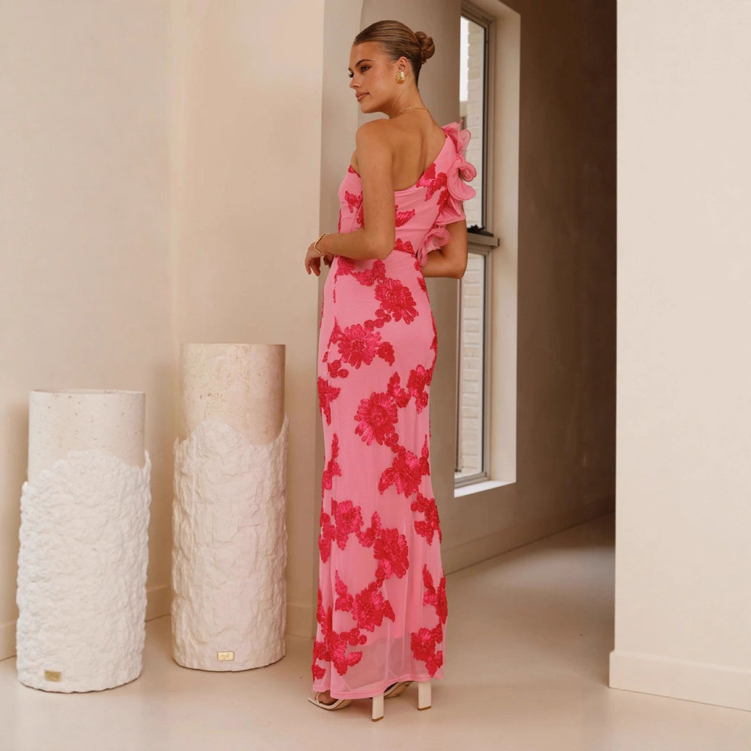 Kvinnor Elegant och figurnära Maxi klänning med asymmetrisk rem och blommiga applikationer-Eva Jonsson