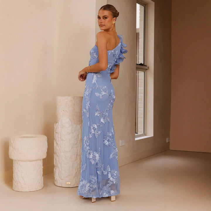 Kvinnor Elegant och figurnära Maxi klänning med asymmetrisk rem och blommiga applikationer-Eva Jonsson
