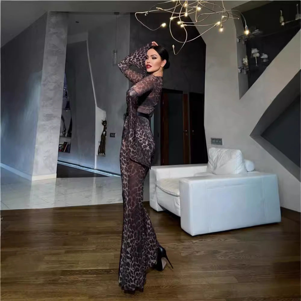 Kvinnor Elegant skimrande Maxiklänning med långa ärmar och leopardmönster Mirla-Eva Jonsson