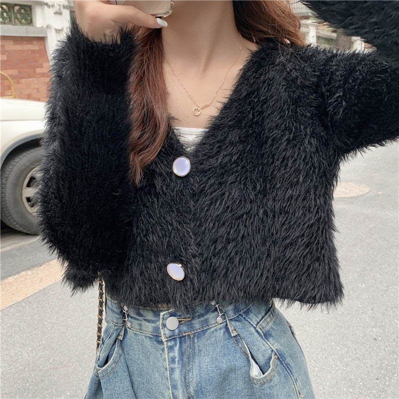 Kvinnor Fluffy Stickad Cardigan med Knapdesign Mirla-Eva Jonsson