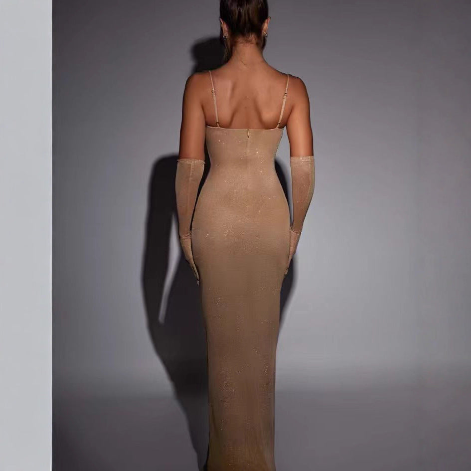 Kvinnor Glamourös Maxi Klänning med Transparenta Ärmar och Kroppsnära Skärning-Eva Jonsson