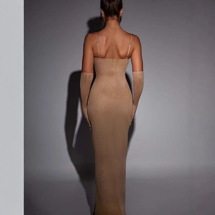 Kvinnor Glamourös Maxi Klänning med Transparenta Ärmar och Kroppsnära Skärning-Eva Jonsson