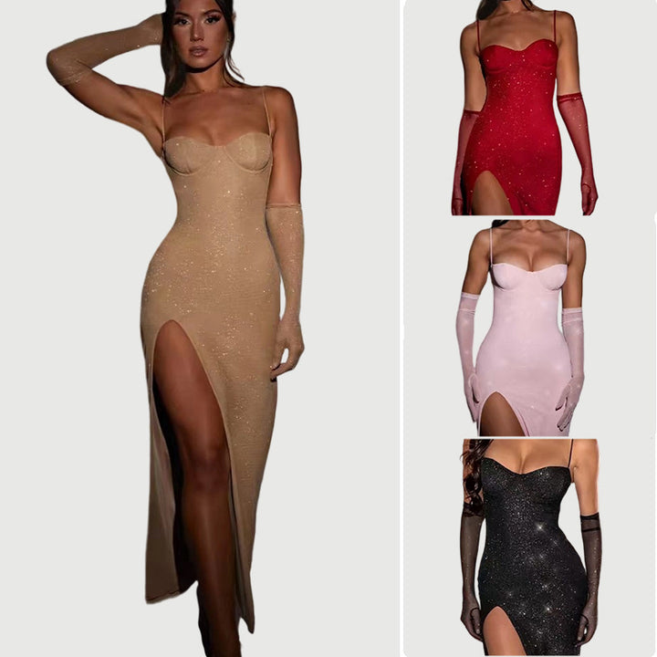 Kvinnor Glamourös Maxi Klänning med Transparenta Ärmar och Kroppsnära Skärning-Eva Jonsson