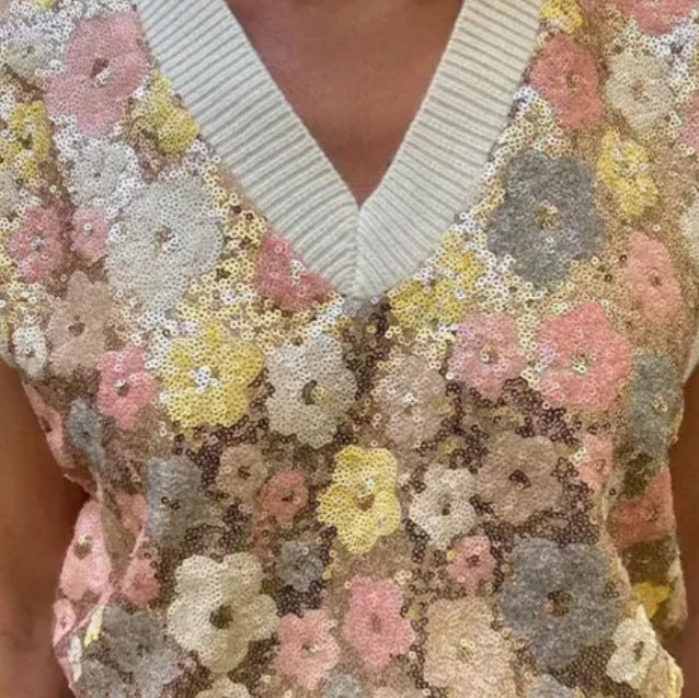 Kvinnor Glamourös stickad topp med blomapplikationer och glittrande paljetter Eva Jonsson-Eva Jonsson
