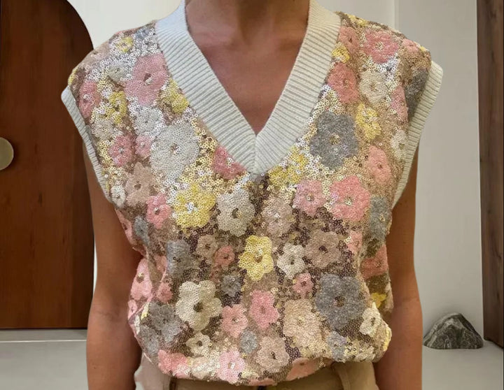 Kvinnor Glamourös stickad topp med blomapplikationer och glittrande paljetter Eva Jonsson-Eva Jonsson