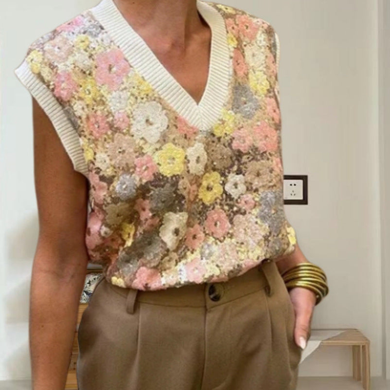 Kvinnor Glamourös stickad topp med blomapplikationer och glittrande paljetter Eva Jonsson-Eva Jonsson
