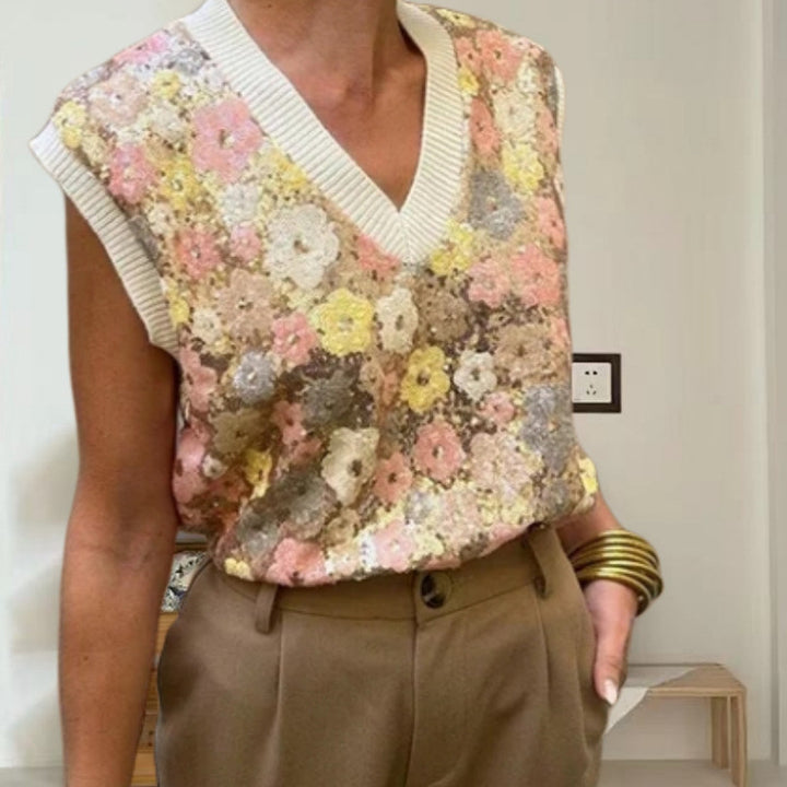 Kvinnor Glamourös stickad topp med blomapplikationer och glittrande paljetter Eva Jonsson-Eva Jonsson
