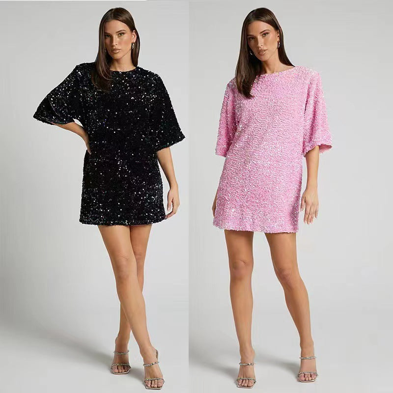 Kvinnor Glamourösa Paljetter Mini Klänning med Lösa Ärmar och Elegant Sneaker Utseende-Eva Jonsson
