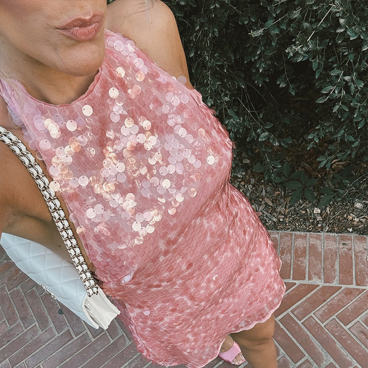 Kvinnor Glamouröst Paljetter Mini Klänning med Hållande U-ringning Mirla-Eva Jonsson