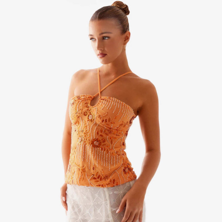 Kvinnor Glittrande Bustier Topp med Blomsterdesign och Funkande Applikationer-Eva Jonsson