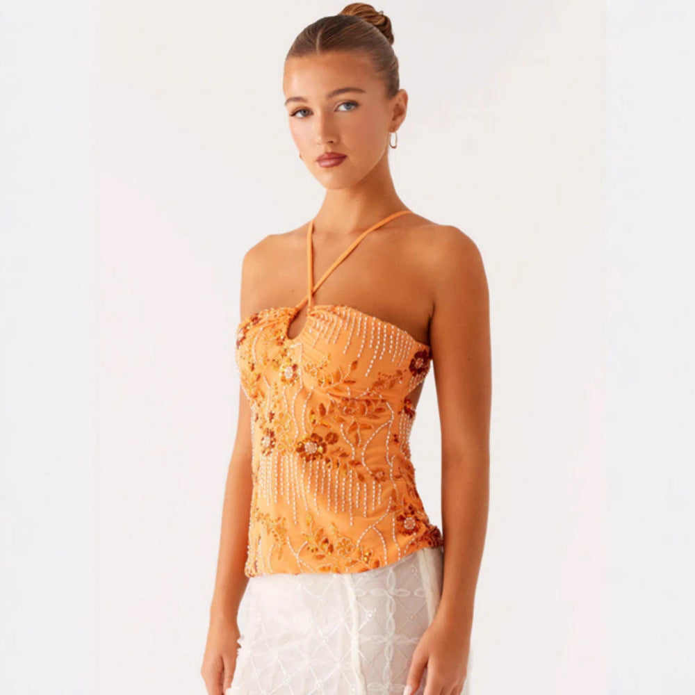 Kvinnor Glittrande Bustier Topp med Blomsterdesign och Funkande Applikationer-Eva Jonsson
