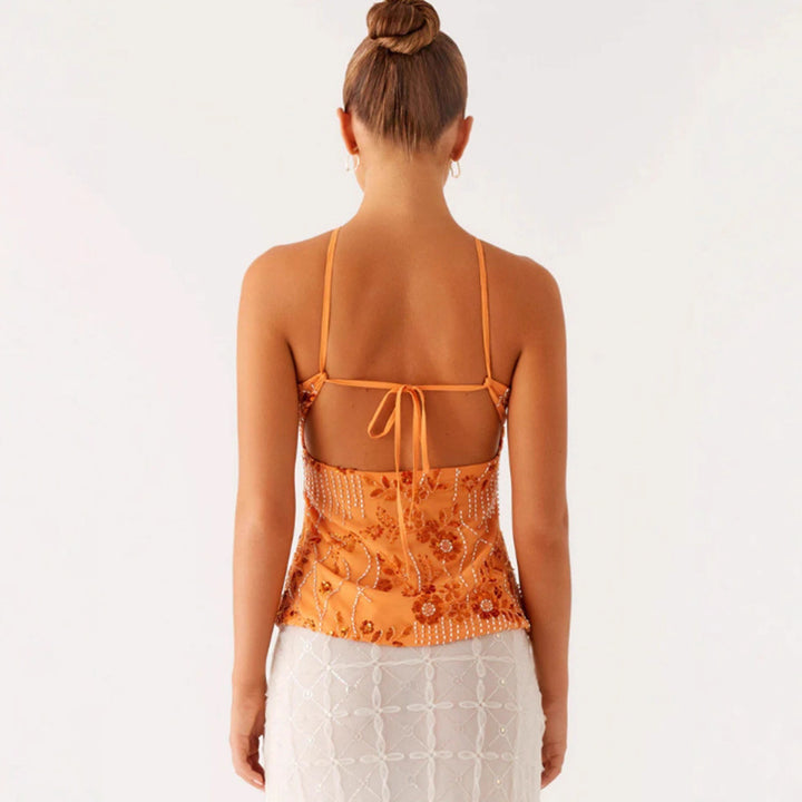 Kvinnor Glittrande Bustier Topp med Blomsterdesign och Funkande Applikationer-Eva Jonsson