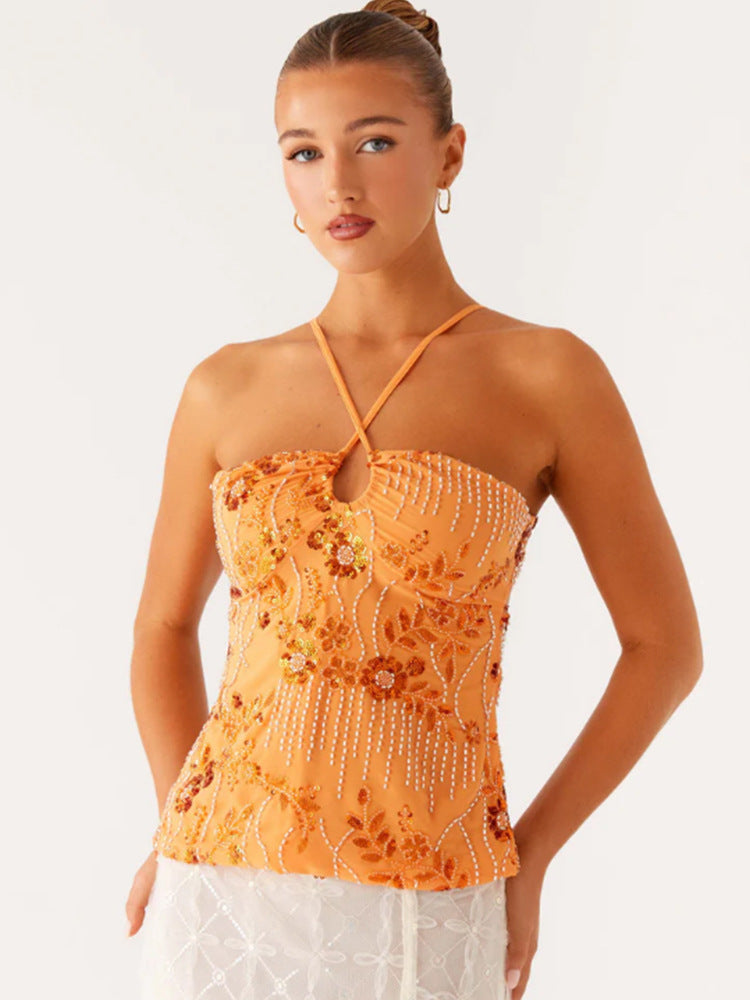 Kvinnor Glittrande Bustier Topp med Blomsterdesign och Funkande Applikationer-Eva Jonsson