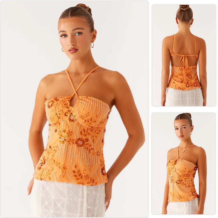 Kvinnor Glittrande Bustier Topp med Blomsterdesign och Funkande Applikationer-Eva Jonsson