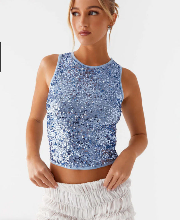 Kvinnor Glittrande Crop Top med Hög Halsdesign och Funkande Pärlor Mirla-Eva Jonsson