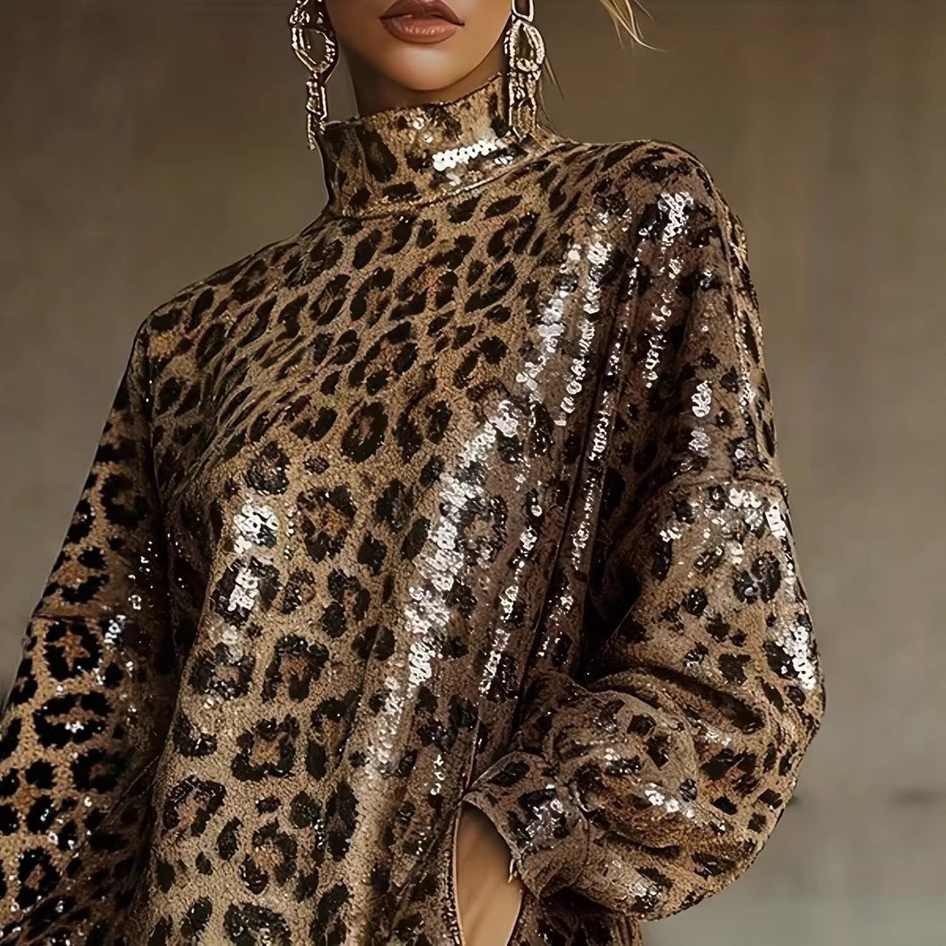Kvinnor Glittrande Kort Klänning med Leopardmönster och Fransar Mirla-Eva Jonsson