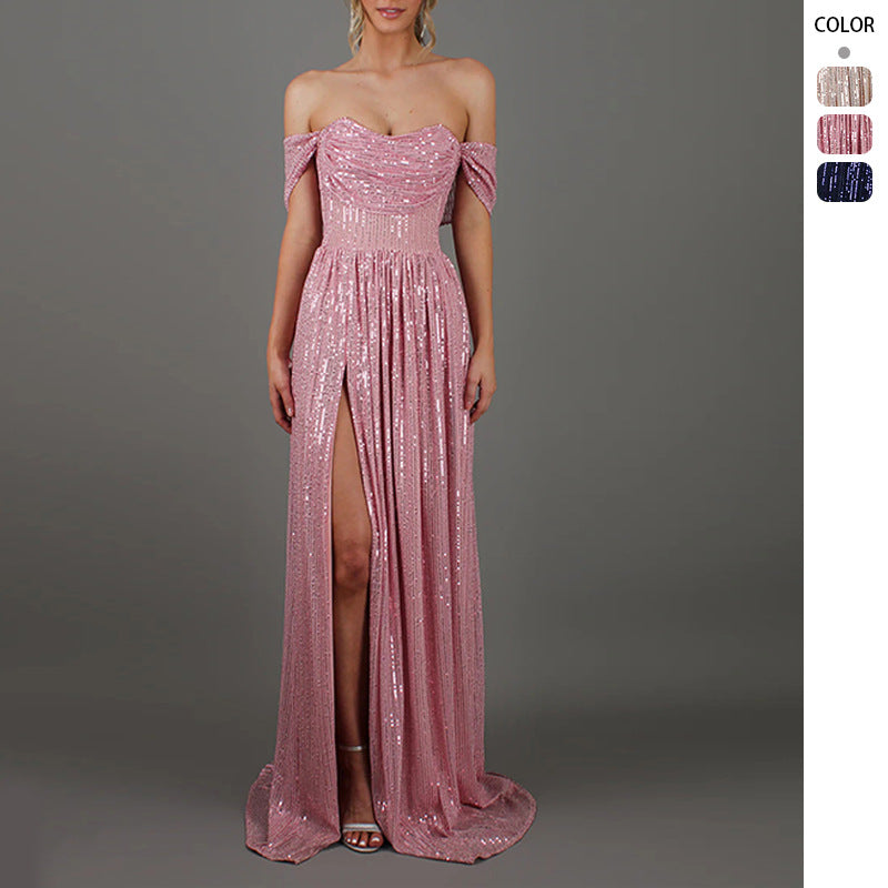 Kvinnor Glittrande och Off-Shoulder Kvällsklänning med Djup Slits-Eva Jonsson