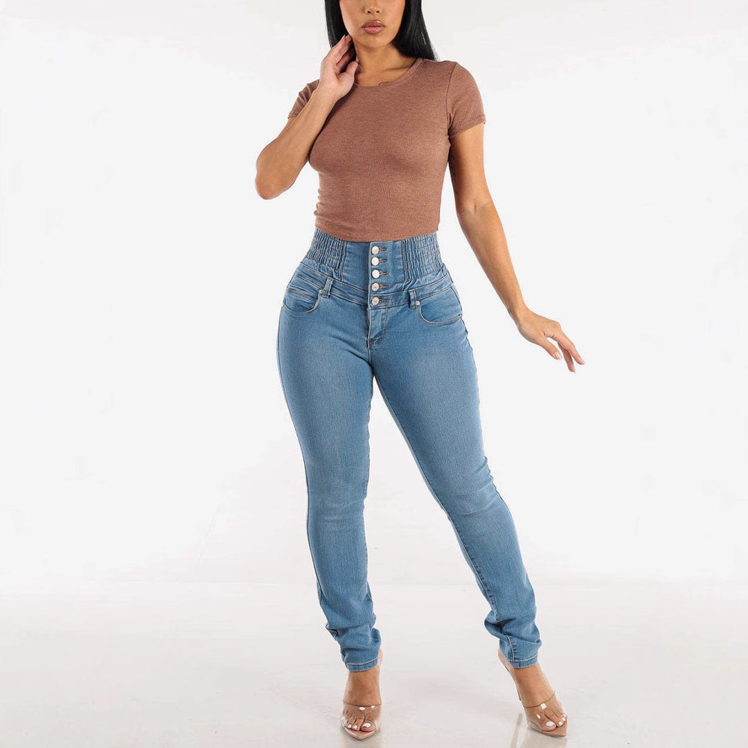 Kvinnor Högmidjade Smala Jeans med Dekorativa Knappar och Elastisk Midja-Eva Jonsson