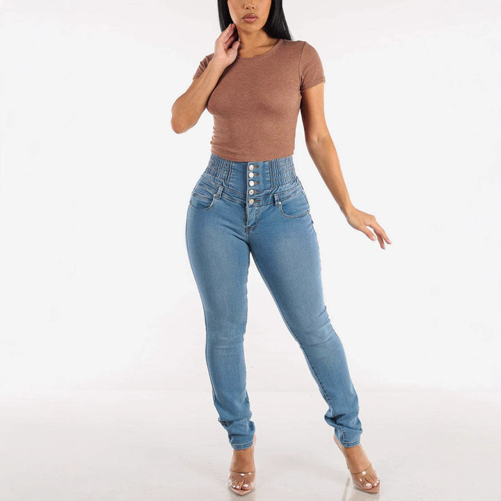 Kvinnor Högmidjade Smala Jeans med Dekorativa Knappar och Elastisk Midja-Eva Jonsson