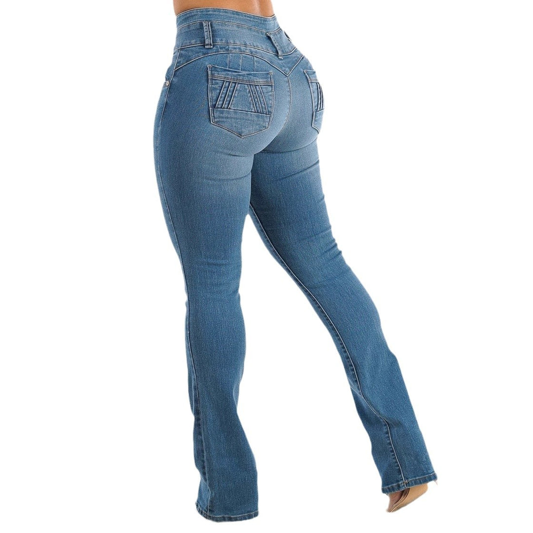 Kvinnor Högmidjade Smala Jeans med Dekorativa Knappar och Elastisk Midja-Eva Jonsson
