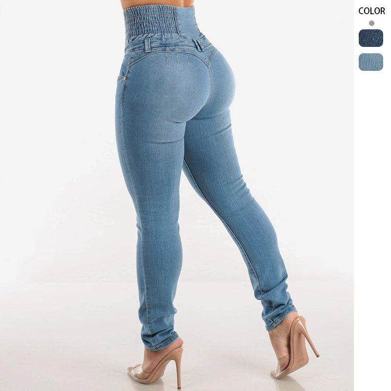 Kvinnor Högmidjade Smala Jeans med Dekorativa Knappar och Elastisk Midja-Eva Jonsson