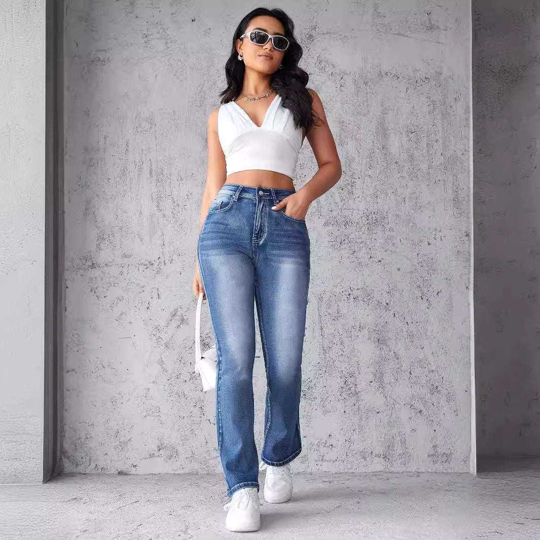 Kvinnor Högmidjade Stretch Jeans med Klippt Nederkant Mirla-Eva Jonsson