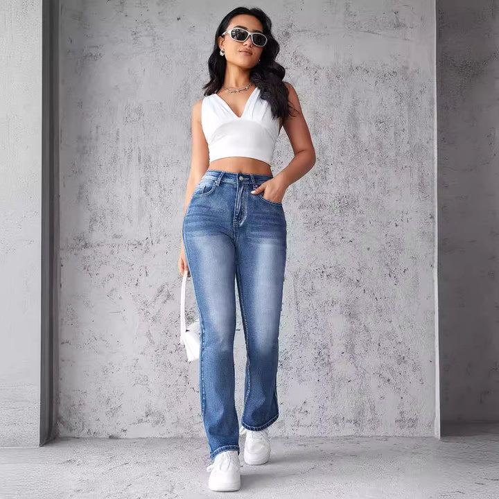 Kvinnor Högmidjade Stretch Jeans med Klippt Nederkant Mirla-Eva Jonsson