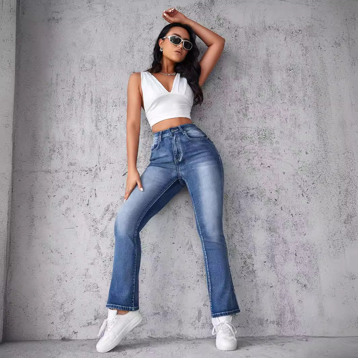 Kvinnor Högmidjade Stretch Jeans med Klippt Nederkant Mirla-Eva Jonsson