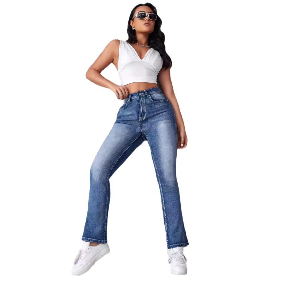 Kvinnor Högmidjade Stretch Jeans med Klippt Nederkant Mirla-Eva Jonsson