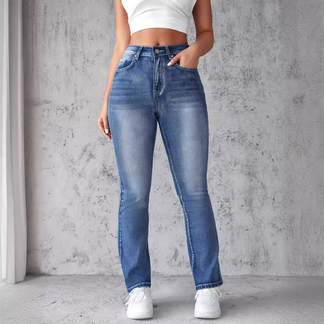 Kvinnor Högmidjade Stretch Jeans med Klippt Nederkant Mirla-Eva Jonsson
