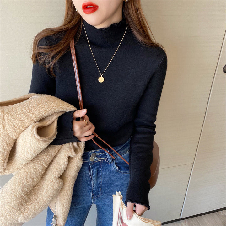 Kvinnor Kort Turtleneck Sweater med Olika Materialmix Mirla-Eva Jonsson