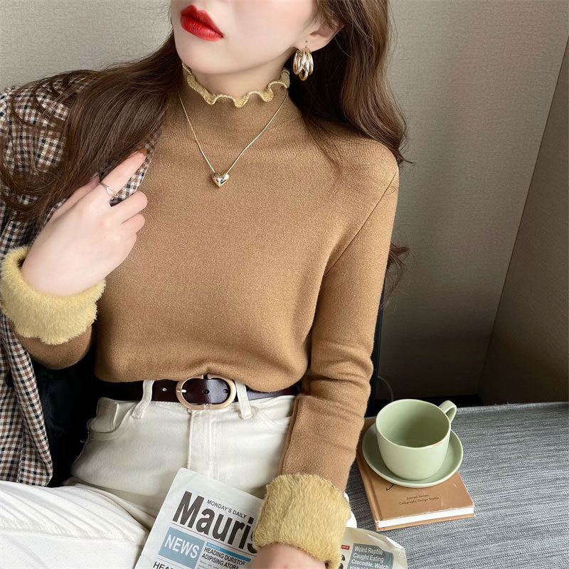 Kvinnor Kort Turtleneck Sweater med Olika Materialmix Mirla-Eva Jonsson