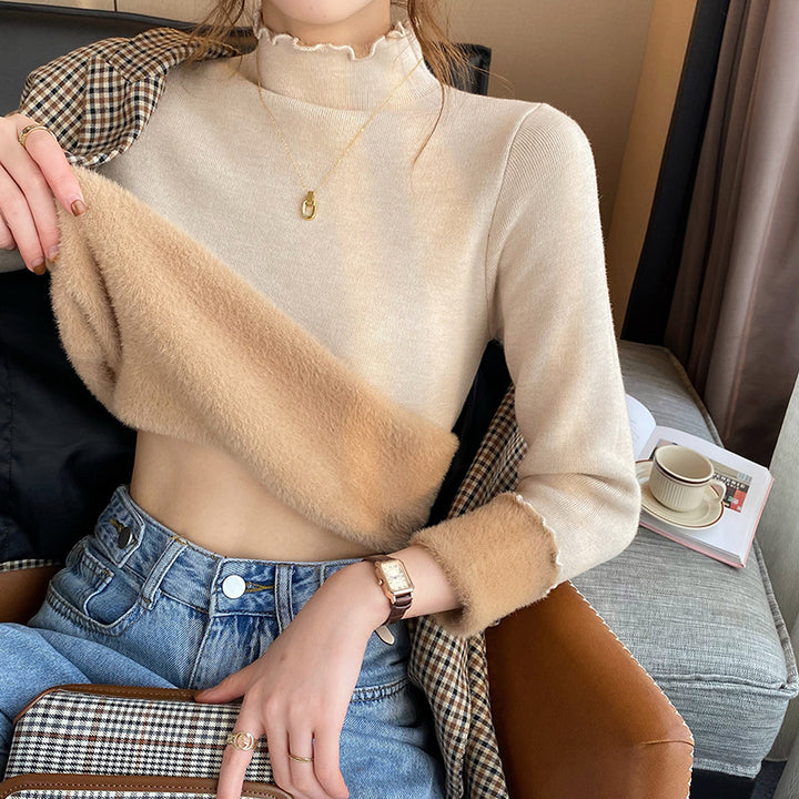 Kvinnor Kort Turtleneck Sweater med Olika Materialmix Mirla-Eva Jonsson
