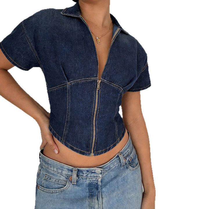 Kvinnor Kortärmad Denimjacka med delbar dragkedja och moderiktig snitt Mirla-Eva Jonsson