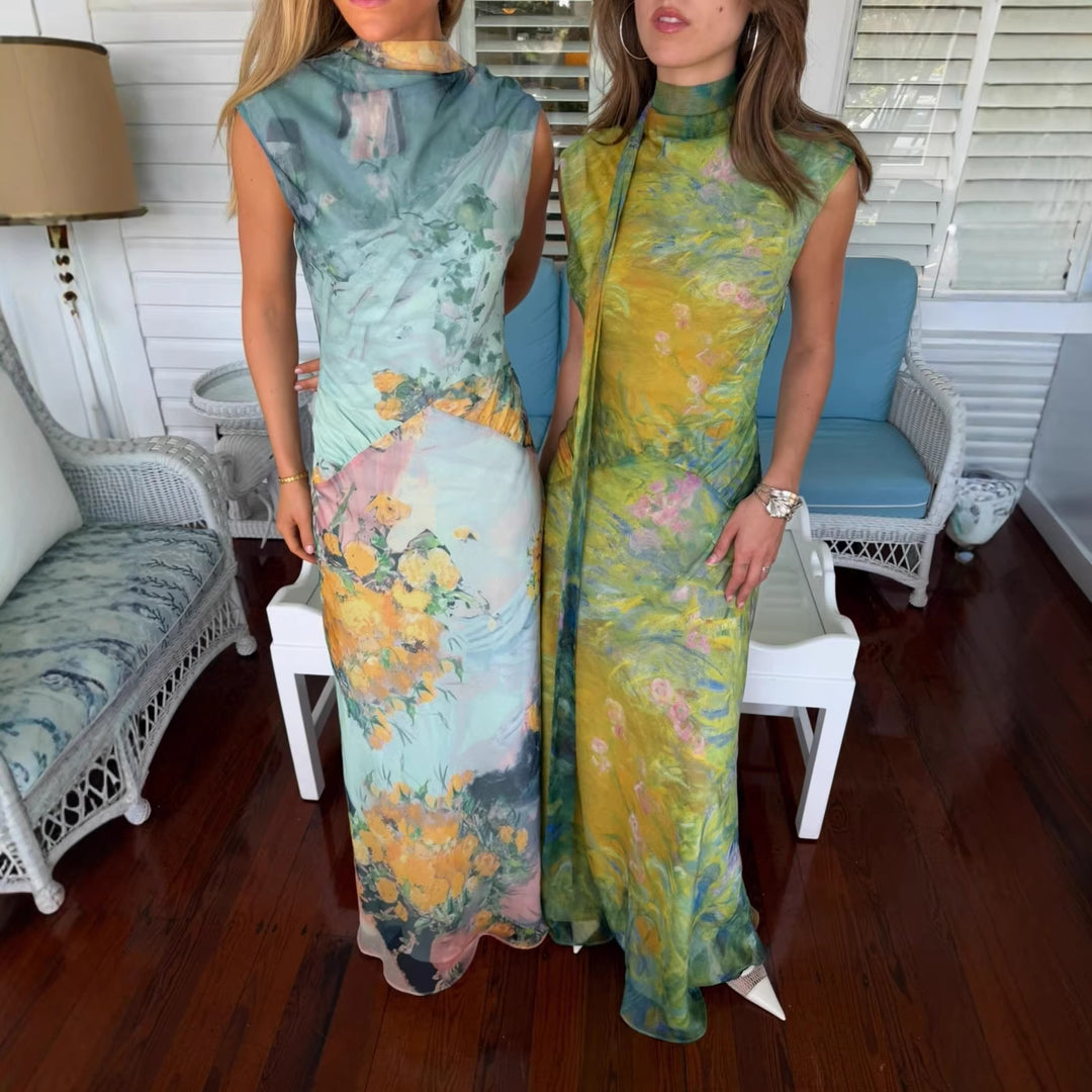 Kvinnor Lång Klänning med Blommönster och Hög Krage Mirla-Eva Jonsson