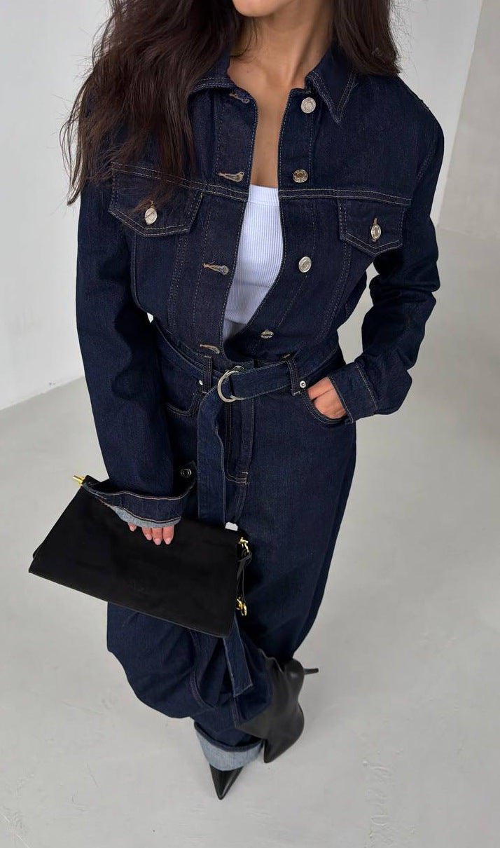 Kvinnor Långärmad Denimklänning med Skräddarsydd Passform och Avtagbart Bälte Mirla-Eva Jonsson