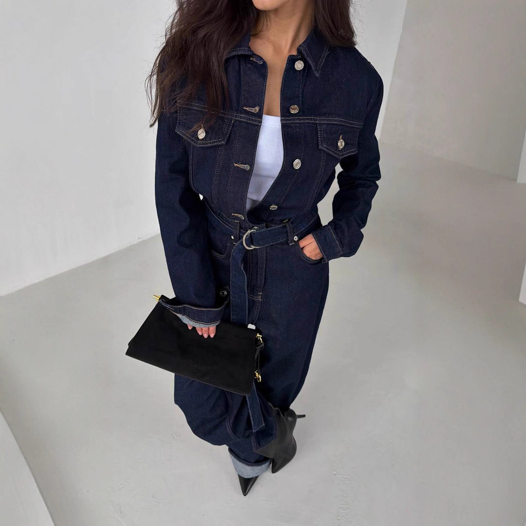 Kvinnor Långärmad Denimklänning med Skräddarsydd Passform och Avtagbart Bälte Mirla-Eva Jonsson