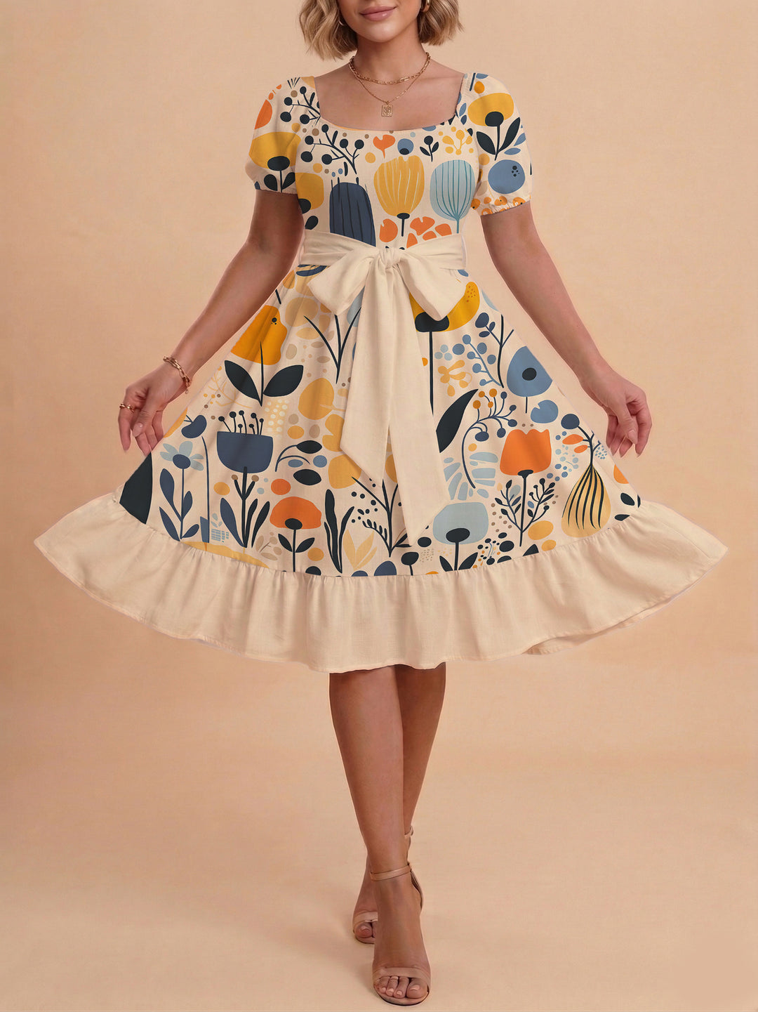 Kvinnor Midi Klänning med elegant blommönster och figursyddt bälte Mirla-Eva Jonsson