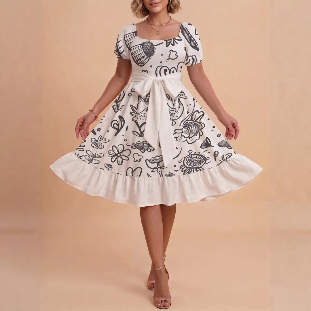 Kvinnor Midi Klänning med elegant blommönster och figursyddt bälte Mirla-Eva Jonsson