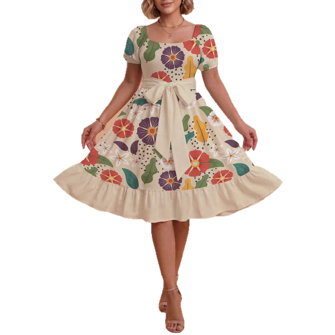 Kvinnor Midi Klänning med elegant blommönster och figursyddt bälte Mirla-Eva Jonsson