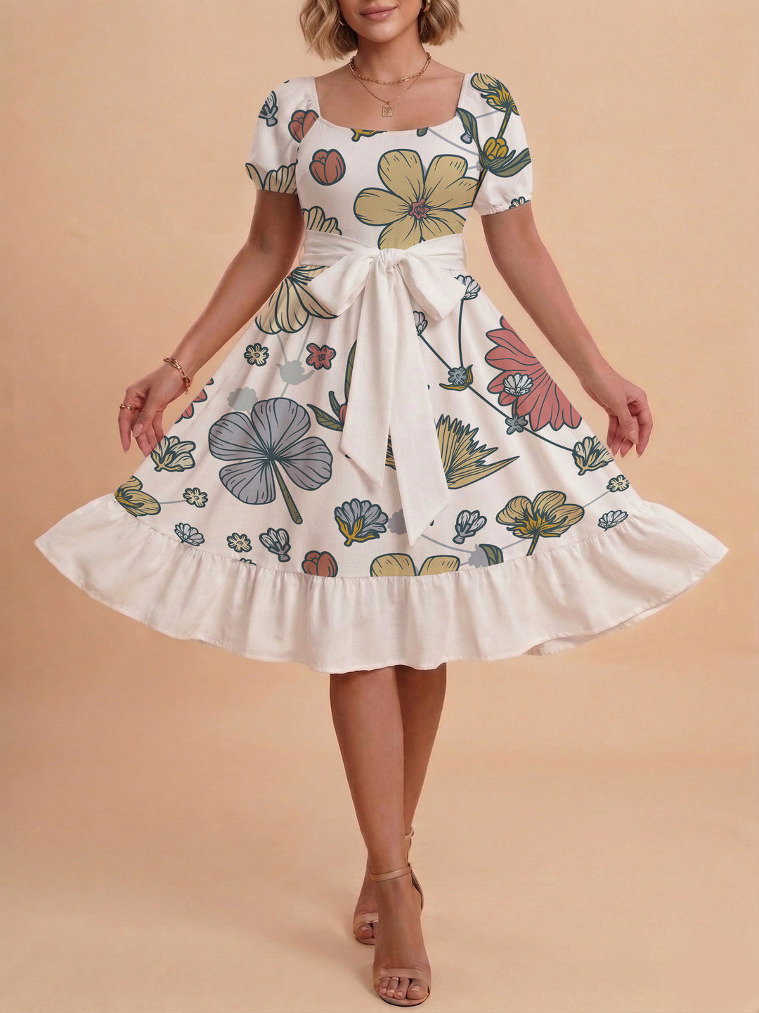 Kvinnor Midi Klänning med elegant blommönster och figursyddt bälte Mirla-Eva Jonsson