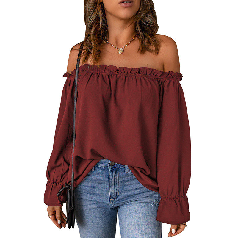 Kvinnor Off-Shoulder Blus med Volangärmar och Dekorativ Slut Mirla-Eva Jonsson