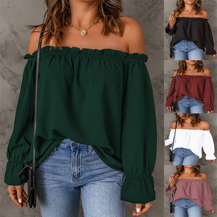 Kvinnor Off-Shoulder Blus med Volangärmar och Dekorativ Slut Mirla-Eva Jonsson