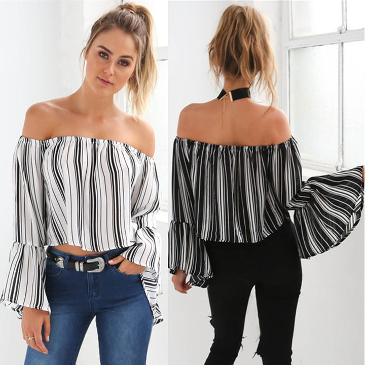 Kvinnor Off-Shoulder Blus med Voluminösa Ärmar och Randig Design Mirla-Eva Jonsson