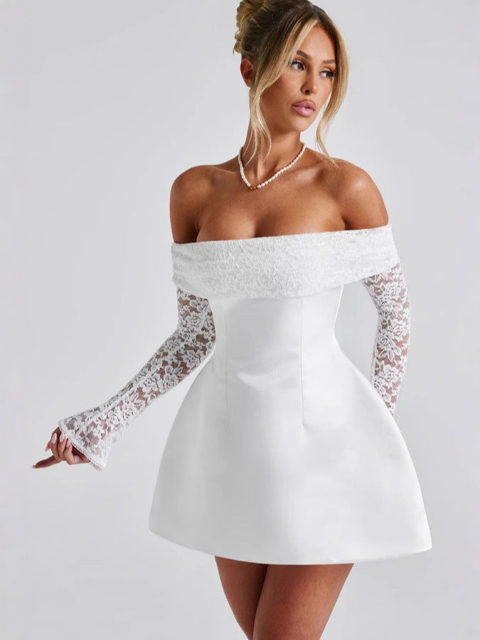Kvinnor Off-Shoulder Klänning med blommig spetsärm och svängande kjol Mirla-Eva Jonsson