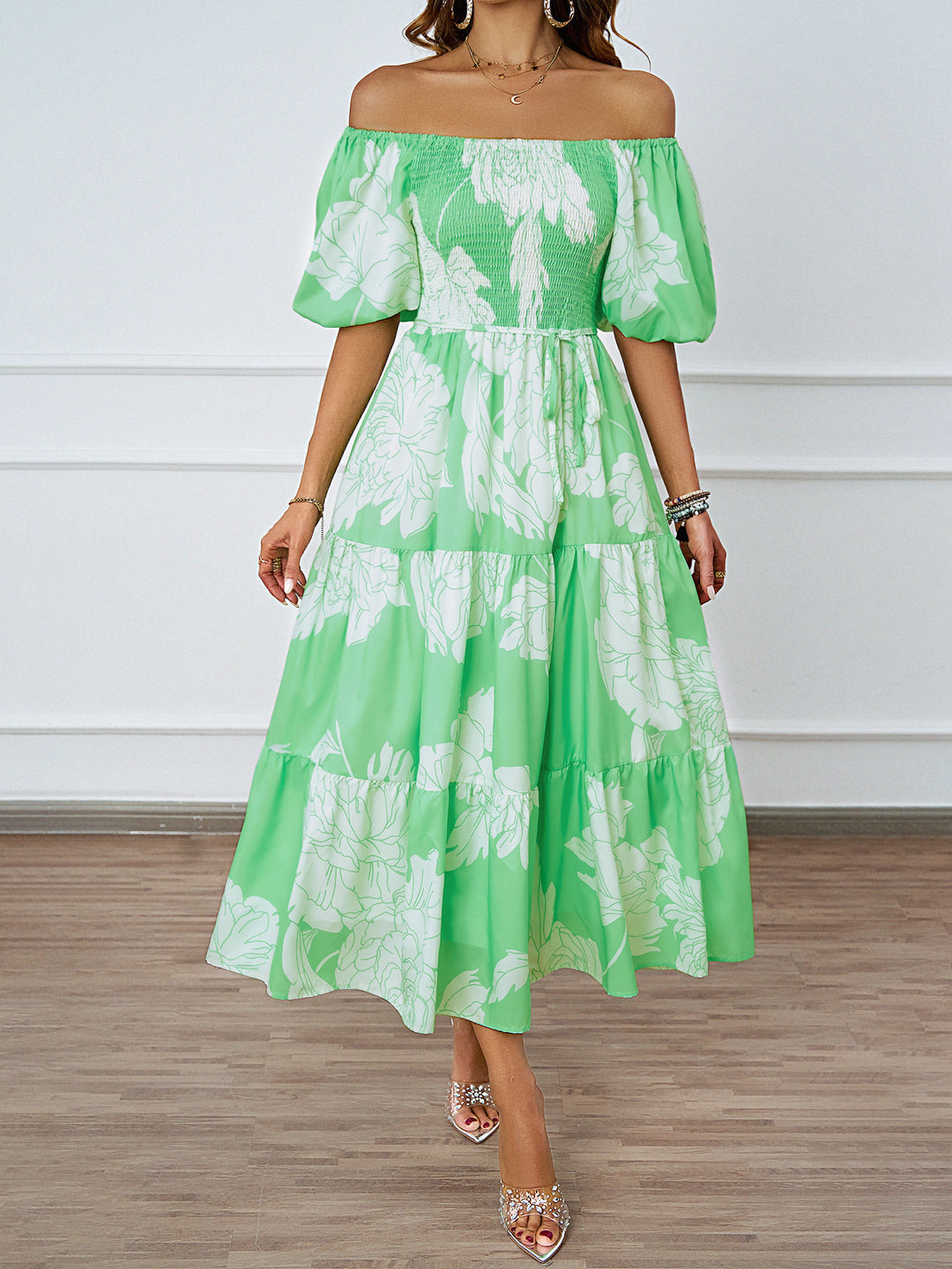 Kvinnor Off-Shoulder Maxi Klänning med Voluminösa Ärmar och Tryck Mirla-Eva Jonsson