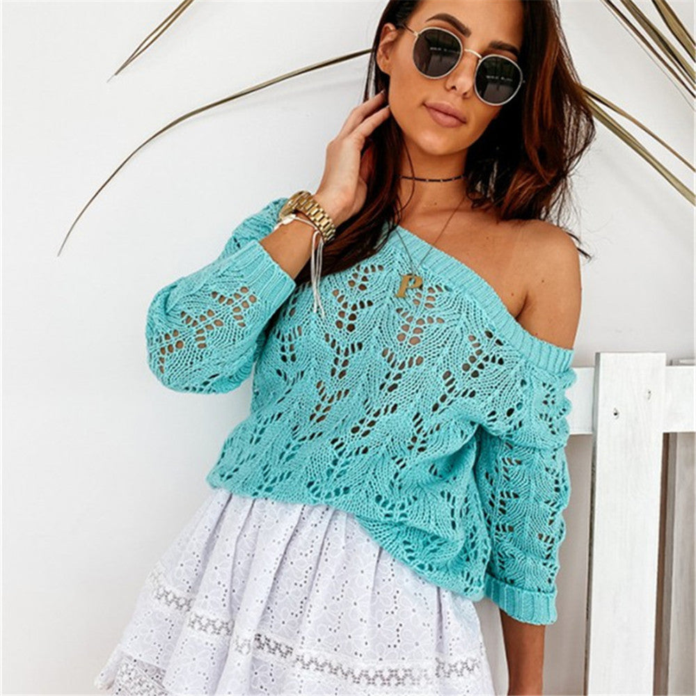 Kvinnor Off-Shoulder Stickad Tröja med Blommigt Hålmönster Mirla-Eva Jonsson